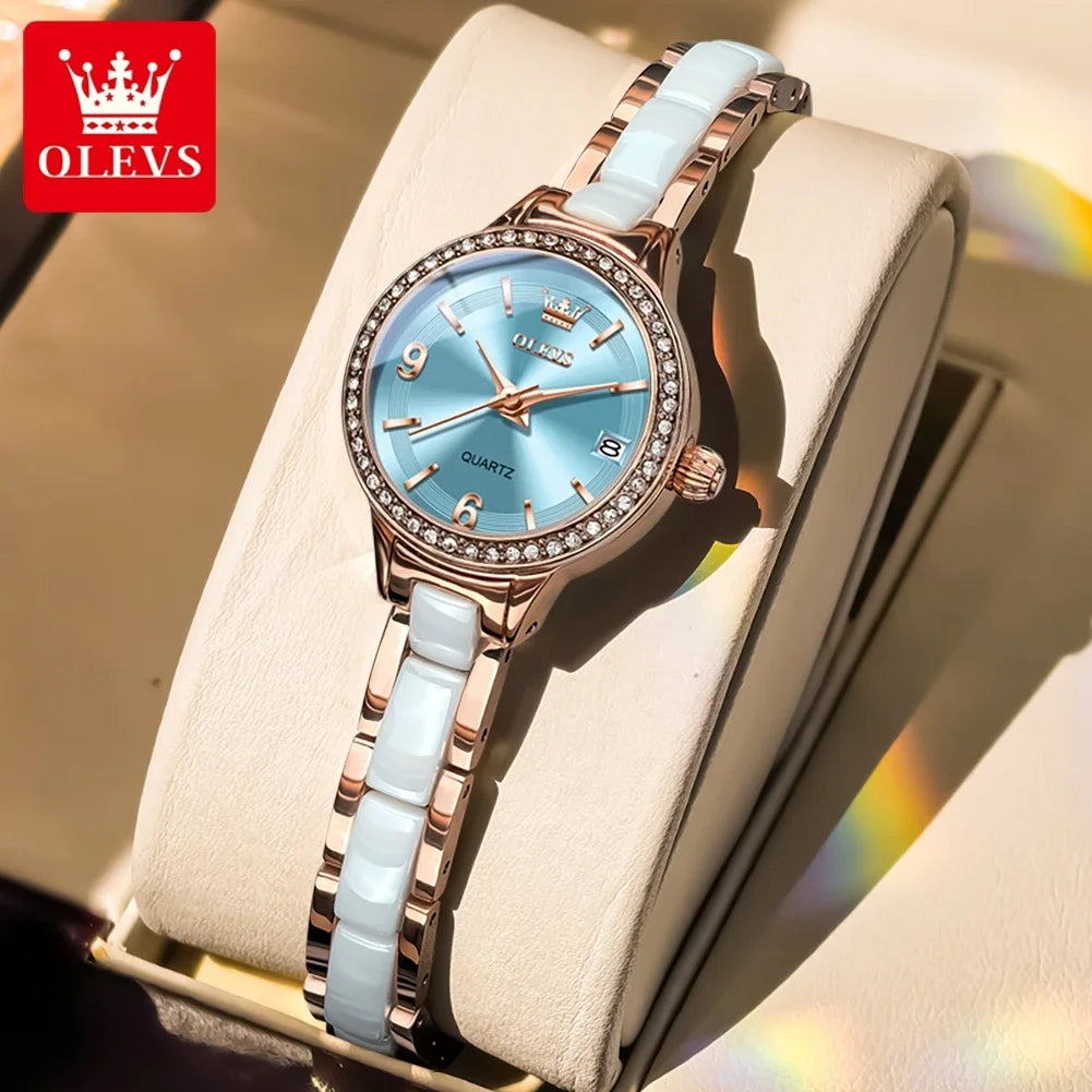 OLEVS Luxury Quartz Watch Women Elegant Ceramics Strap Waterproof Auto Date Luxury Lap Ladies Watches 7093 mbzr