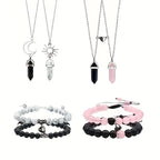 8-Piece Set: Natural White Turquoise Matte Couple's Heart Necklace, Bracelet, and Sun & Moon Set