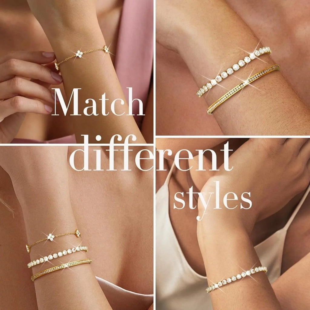 3PC Stackable Bracelet Set for Women Adjustable 14K Gold-Plated & Silver Stainless Steel Tennis Bracelets with Cubic Zirconia, Fashion Accessories for Women Daily Wear
