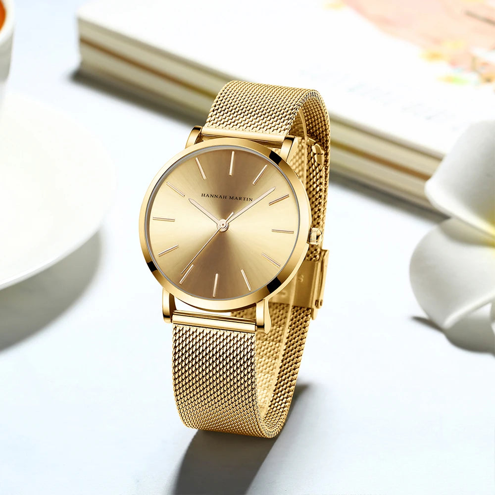 HANNAH MARTIN Top Brand Hot Selling Original Quartz Watch Women Simple Elegant Steel 36mm Japanese Movement Clock Banquet Matching & Work Leisure Watches Ladies Local Japan Quartz Movement Stainless Steel Mesh Rose Gold Water