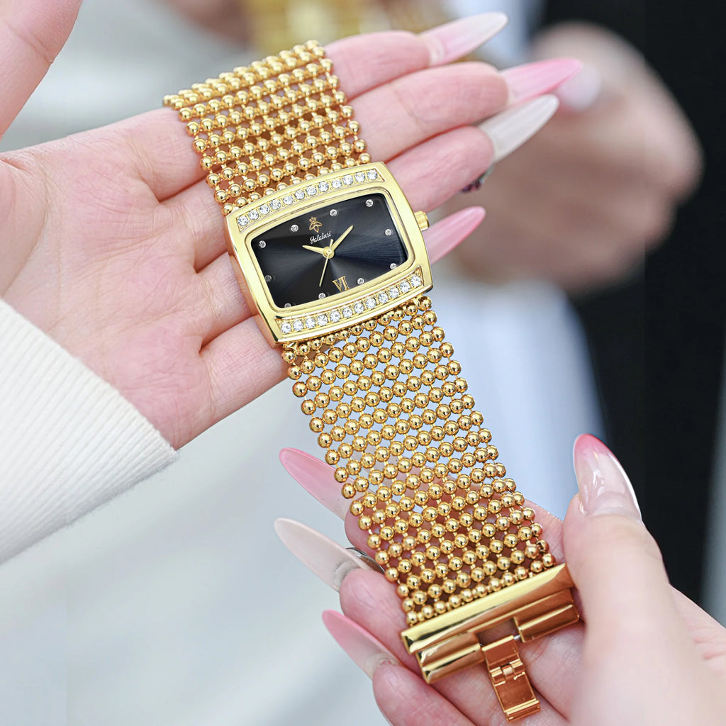 YaLaLuSi Multi Strand Gold Bead Mesh Ladies Watch Rectangle Crystal Bezel Black Dial Luxury Women Quartz Wristwatch Gift