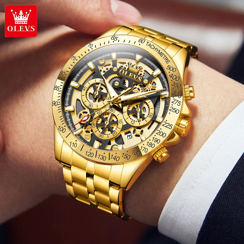 OLEVS Lxuxry Brand Gold Men's Watches Full Skeleton Stainless steel Chronograph Wristwatch Waterproof Luminous Quartz Watch Men mbzr