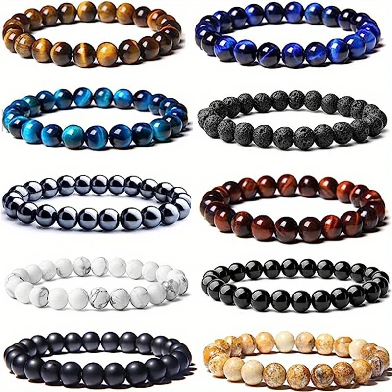 10pcs Set 8Mm Bracelet Round Beaded Bracelet Men And Women Stone Crystal Stone Natural Stone Stretch Beaded Bracelet Unisex, Suitable for Men And Women Holiday Gift Simple Gift