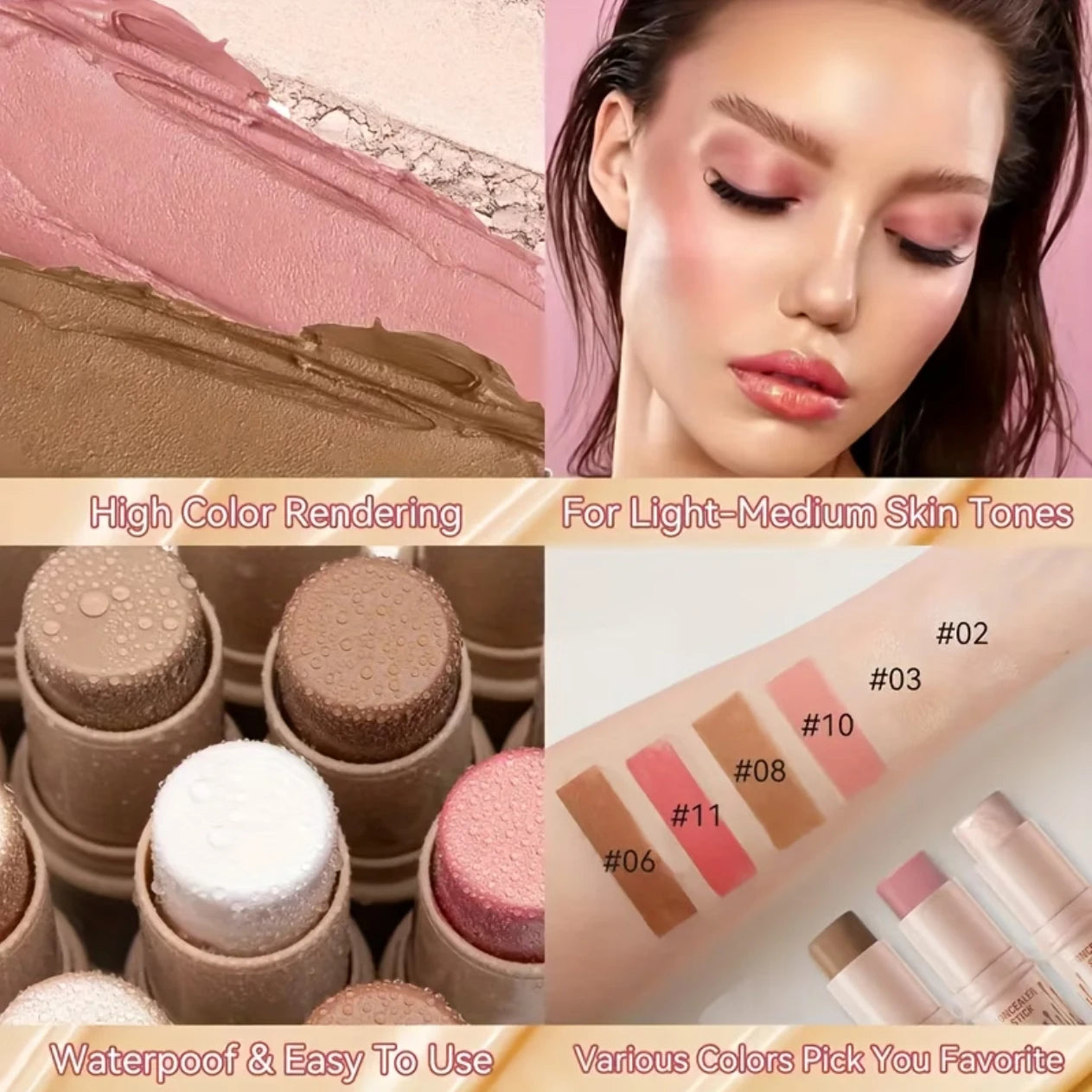 3-piece contour stick set, including blush stick, highlighter stick, bronzer stick, and eyeliner, refreshing and non-greasy, wat mbzr