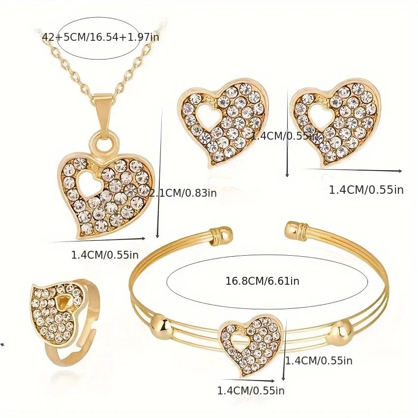 A 4-piece fashion jewelry set that includes rhinestone jewelry, including peach heart pendant necklaces, rings, studs, and bracelets, perfect for everyday wear or parties. mbzr