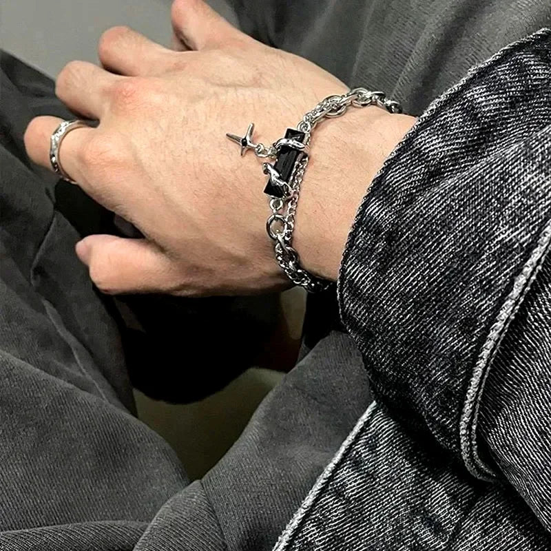 Men Bracelet 2024 Retro Black Zircon Star Chain Women Stainless Steel Punk Bracelets on Hand Unisex Jewelry Couple Accessories