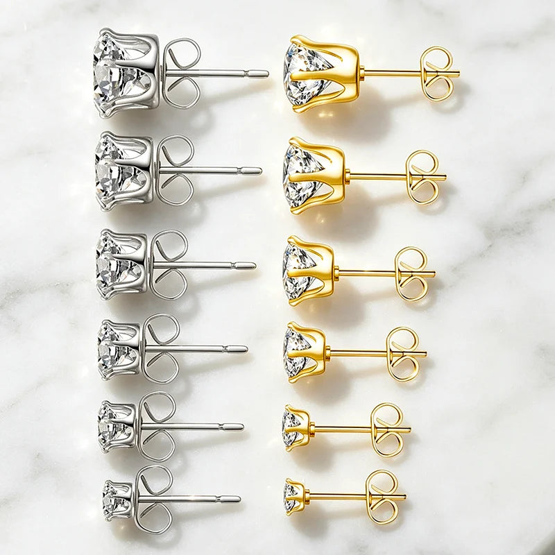 6pairs/set  Mixed Size 3‑8MM Cubic Zirconia Stud Earrings Set 316L Stainless Steel Hypoallergenic Waterproof Earring Gift for Sensitive Ears