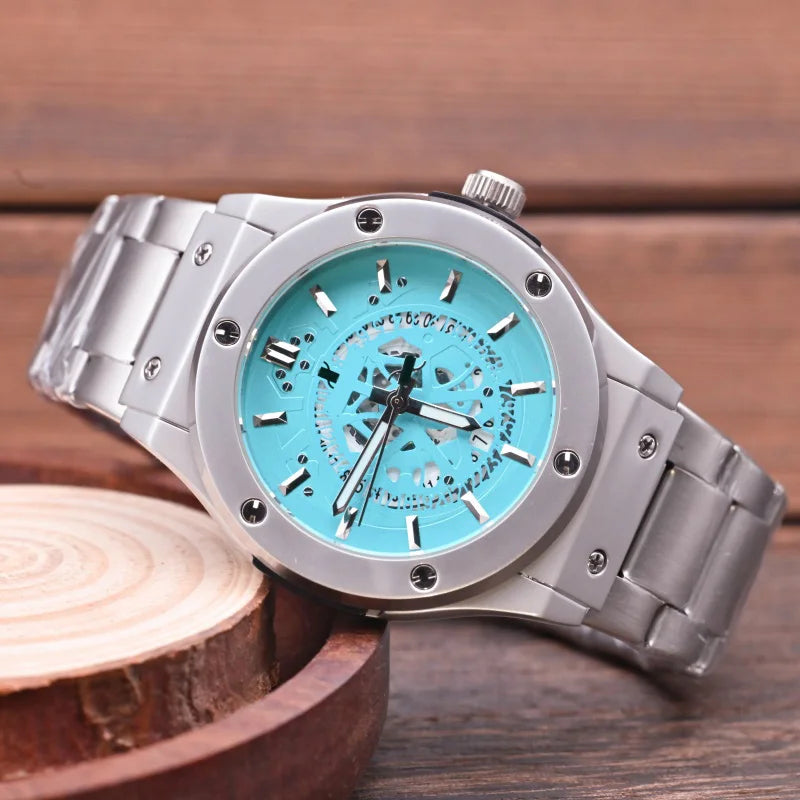Fashion Luxury‑Style Mens Quartz Wristwatch Hollow‑Cut Dial Alloy Case Metal Strap Date Display Daily‑Waterproof Casual Sports Watch for Men