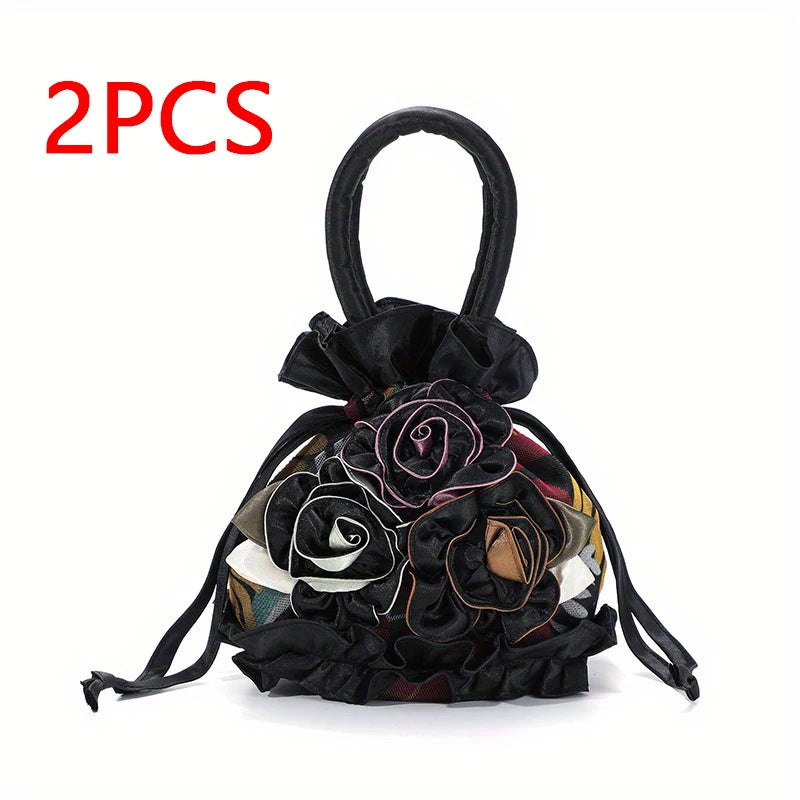 2PCS Fashion Versatile Drawstring Ladies Handbag Flower Dinner Bag Handle Bucket Bag Portable Cell Phone Bag Coin Purse