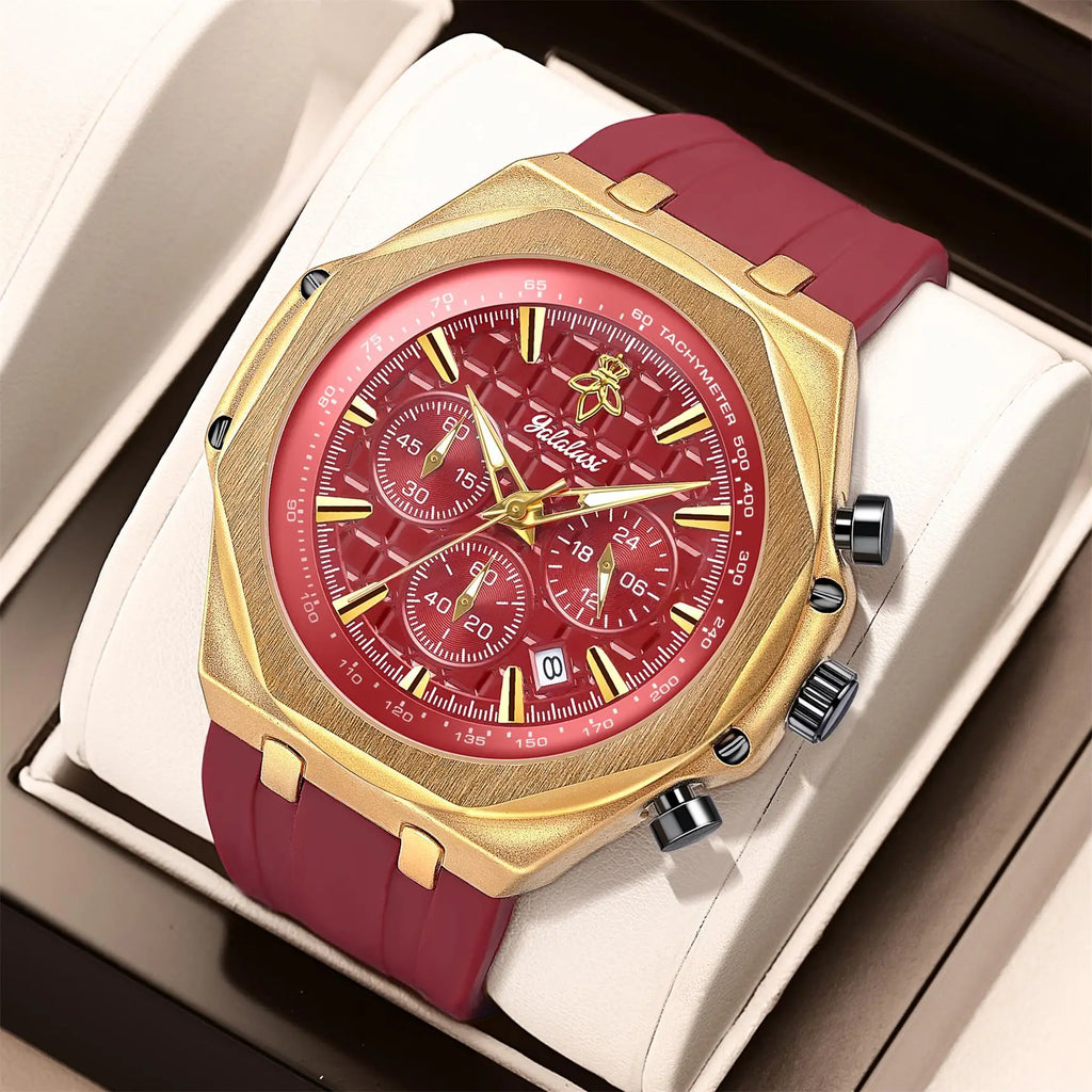 YaLaLuSi Octagon Gold Case Men Chronograph Watch Burgundy Red Grid Dial Silicone Strap Tachymeter Multi Sub Dial Date Waterproof Sports Quartz Wristwatch