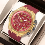 YaLaLuSi Octagon Gold Case Men Chronograph Watch Burgundy Red Grid Dial Silicone Strap Tachymeter Multi Sub Dial Date Waterproof Sports Quartz Wristwatch