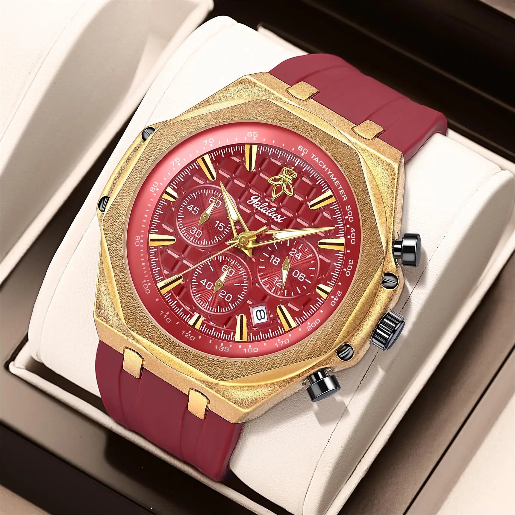 YaLaLuSi Octagon Gold Case Men Chronograph Watch Burgundy Red Grid Dial Silicone Strap Tachymeter Multi Sub Dial Date Waterproof Sports Quartz Wristwatch