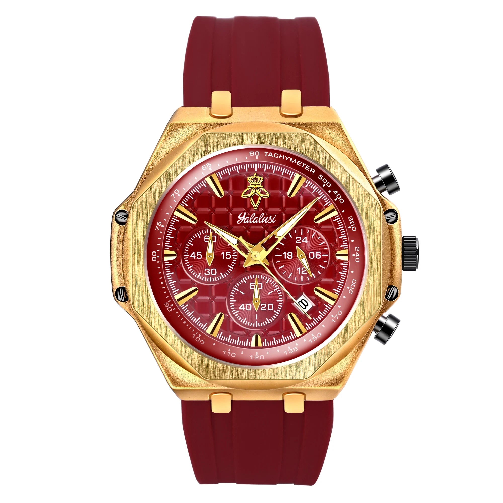 YaLaLuSi Octagon Gold Case Men Chronograph Watch Burgundy Red Grid Dial Silicone Strap Tachymeter Multi Sub Dial Date Waterproof Sports Quartz Wristwatch