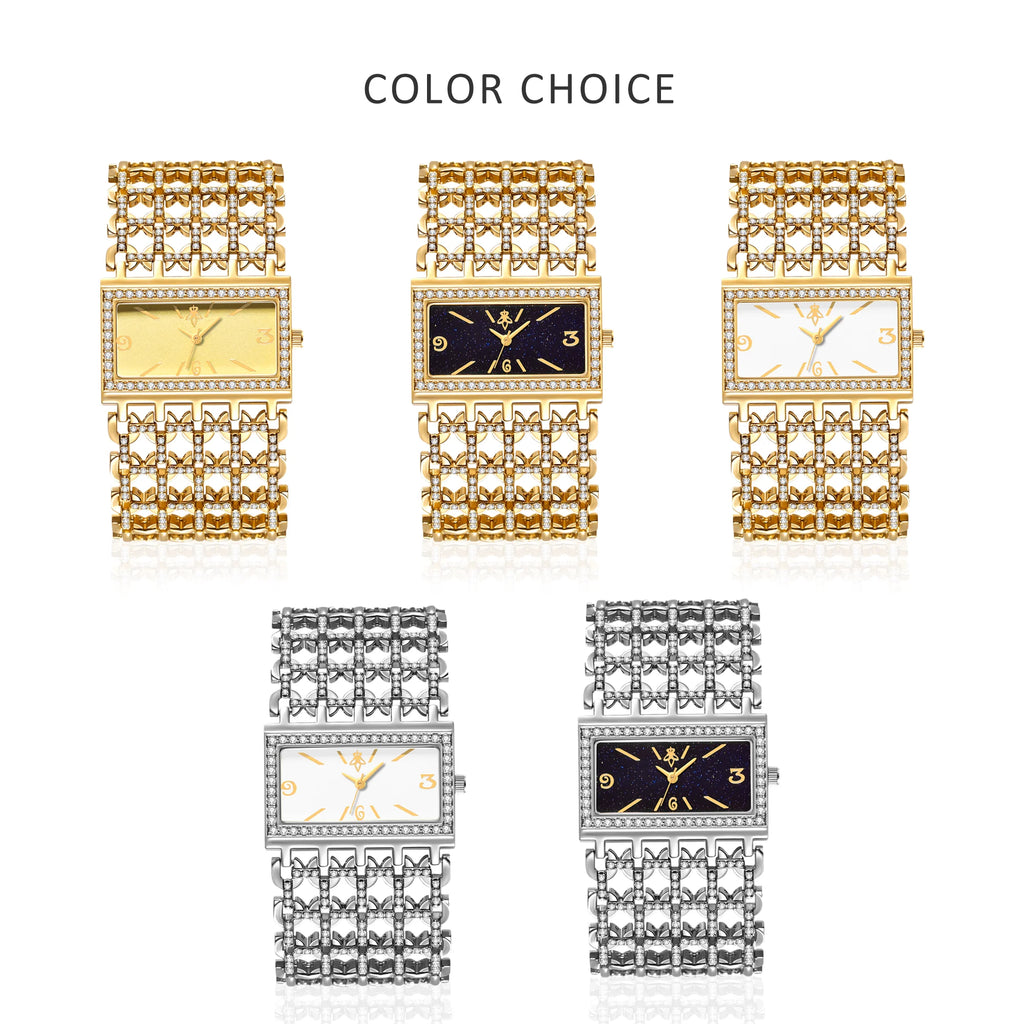 Gold Rectangle Women Watch Full Rhinestone Bezel Wide Hollow Link Bracelet Luxury Bling White Dial Fashion Ladies Quartz Dress Wristwatch For Party Wedding