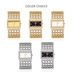 Gold Rectangle Women Watch Full Rhinestone Bezel Wide Hollow Link Bracelet Luxury Bling White Dial Fashion Ladies Quartz Dress Wristwatch For Party Wedding