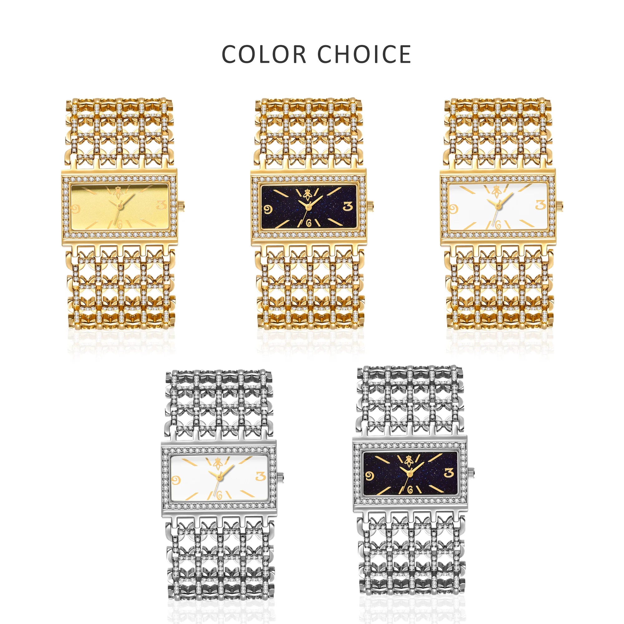 Gold Rectangle Women Watch Full Rhinestone Bezel Wide Hollow Link Bracelet Luxury Bling White Dial Fashion Ladies Quartz Dress Wristwatch For Party Wedding