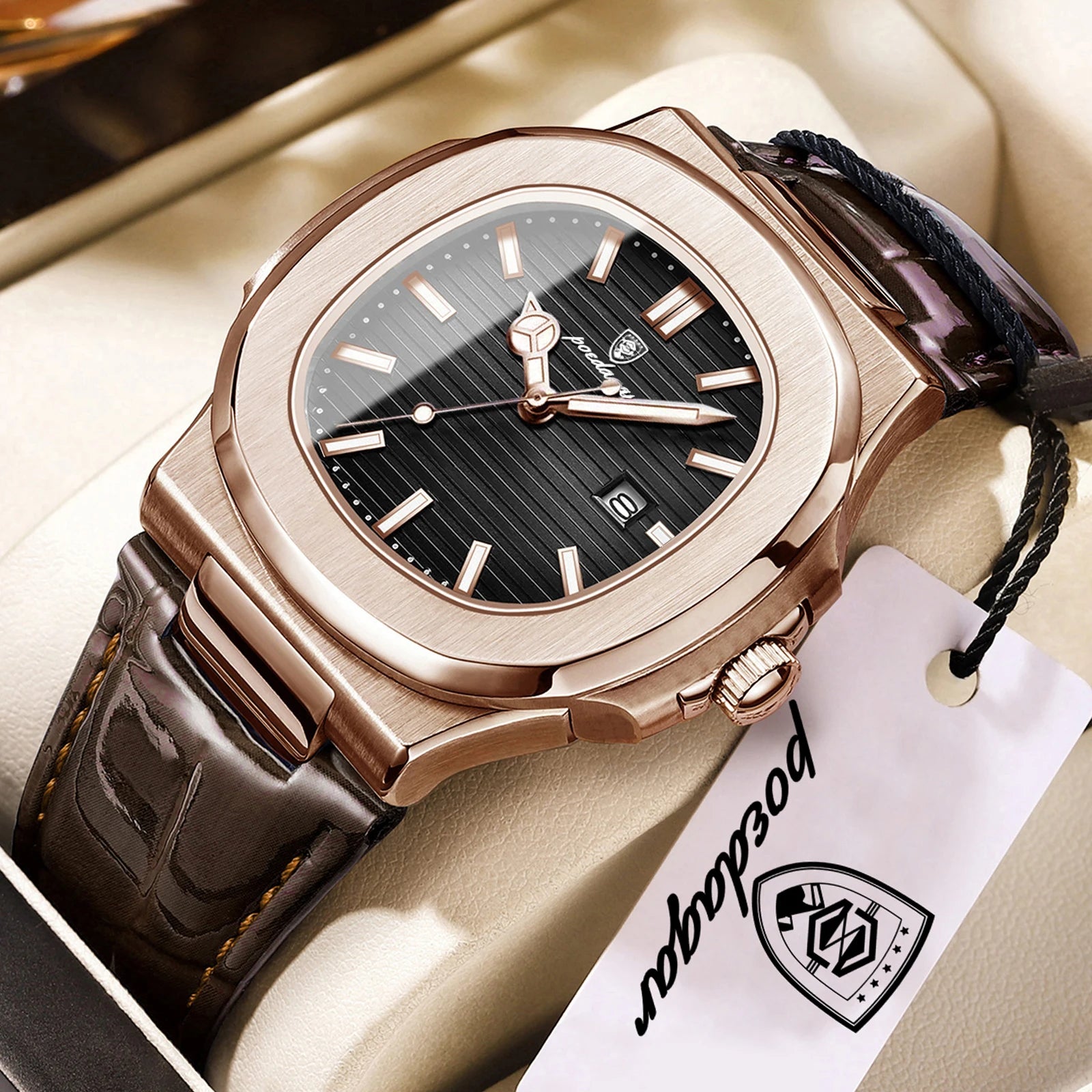 POEDAGAR Top Square Man Watch Date Waterproof Luminous Luxury Men Wristwatch High Quality Leather Men's Quartz Watches+Box Reloj mbzr