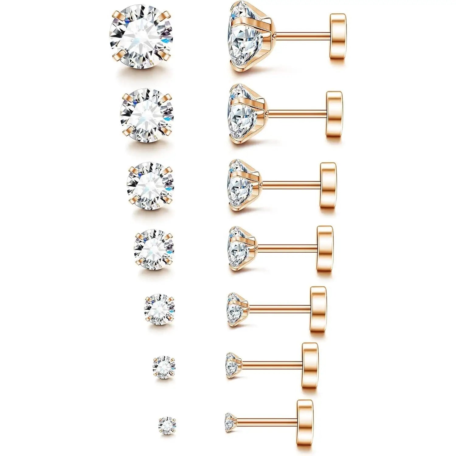 20G Hypoallergenic Flat Back Earrings for Women Men Silver Plated14K Gold-plated Stainless Steel Stud Earrings Brithstone Cubic Zirconia Studs Surgical Steel Cartilage Earrings for Sensitive Ears