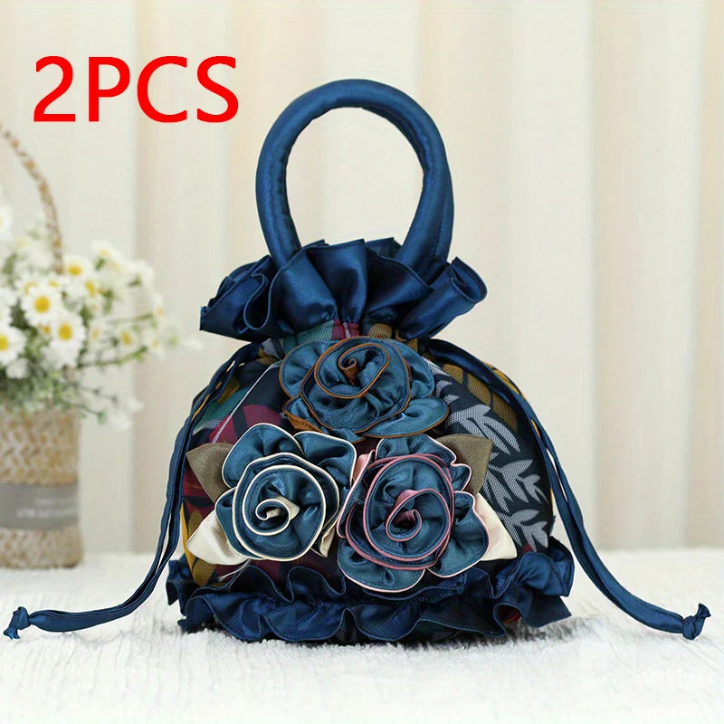 2PCS Fashion Versatile Drawstring Ladies Handbag Flower Dinner Bag Handle Bucket Bag Portable Cell Phone Bag Coin Purse