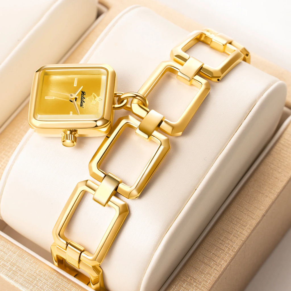 YaLaLuSi Newest Ladies Quartz Watch Ladies Small Watch Gold Case Green Face Luxury Casual Fashion Bracelet