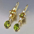 Dainty Green Peridot Pearl Cross Drop Earrings Trendy Gold Plated Oval Gemstone Ear Hook Earrings Minimalist Fine Jewelry Birthday Gift for Women