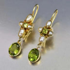 Dainty Green Peridot Pearl Cross Drop Earrings Trendy Gold Plated Oval Gemstone Ear Hook Earrings Minimalist Fine Jewelry Birthday Gift for Women