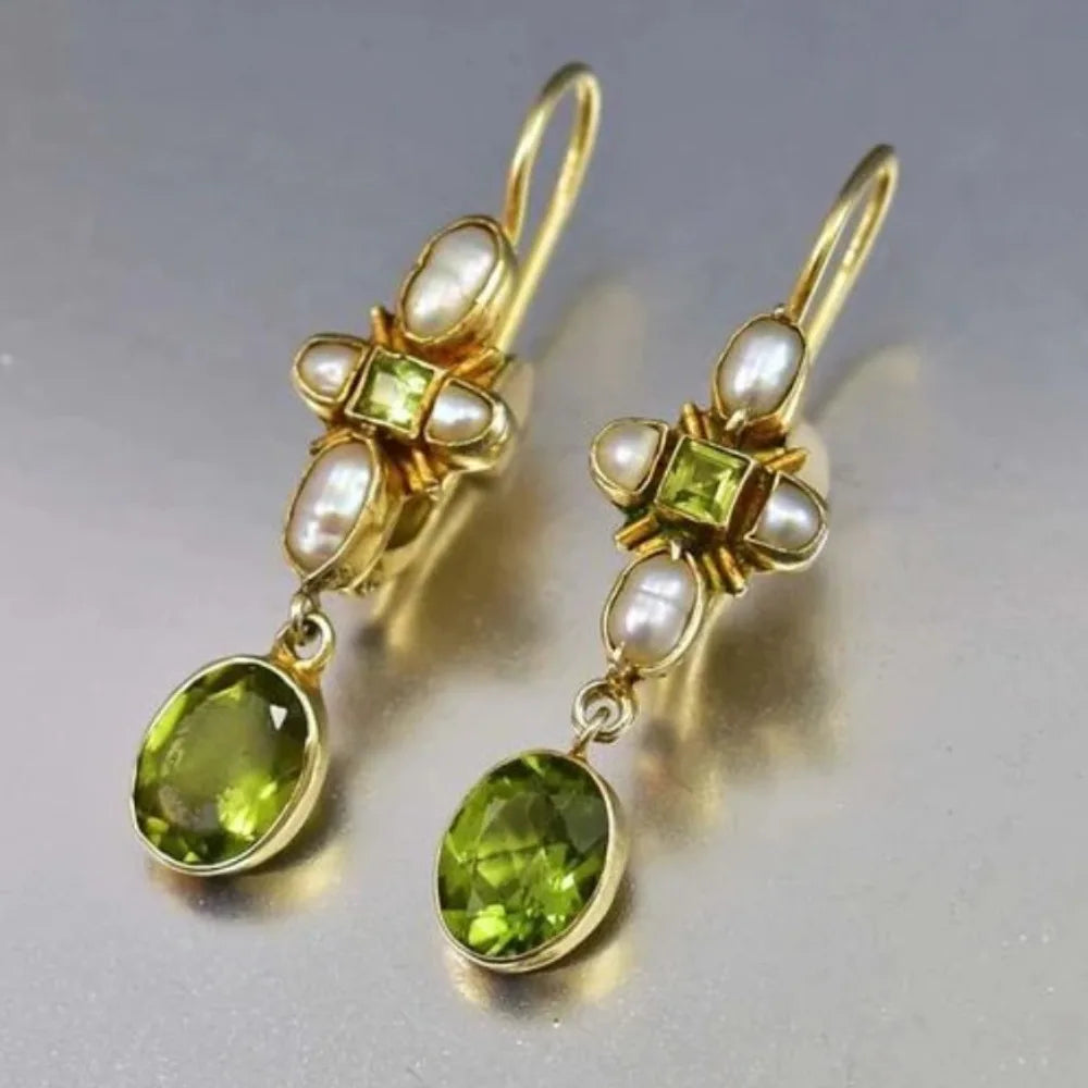 Dainty Green Peridot Pearl Cross Drop Earrings Trendy Gold Plated Oval Gemstone Ear Hook Earrings Minimalist Fine Jewelry Birthday Gift for Women