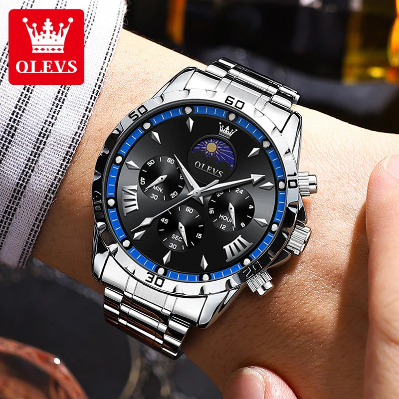 OLEVS Fashion Brand Men's Watch Waterproof and Luminous Calendar Lunar Phase Timing Code Watch Luxury Sports Men's Quartz Watch mbzr
