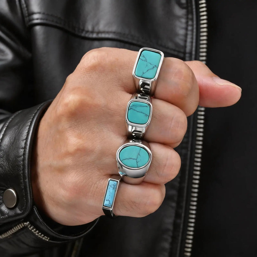 Vintage Stylish Natural Stone Turquoise Ring Waterproof Stainless Steel Signet Ring Vintage