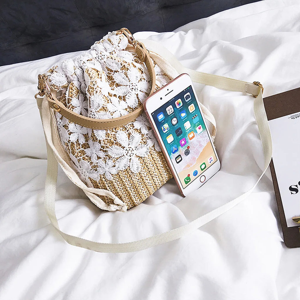 Summer Straw Weave Woven Handbag Women Fashion Bucket Bag Causal Holiday Beach Bag Elegant floral Lace Shoulder Crossbody Bag 2026 mbzr