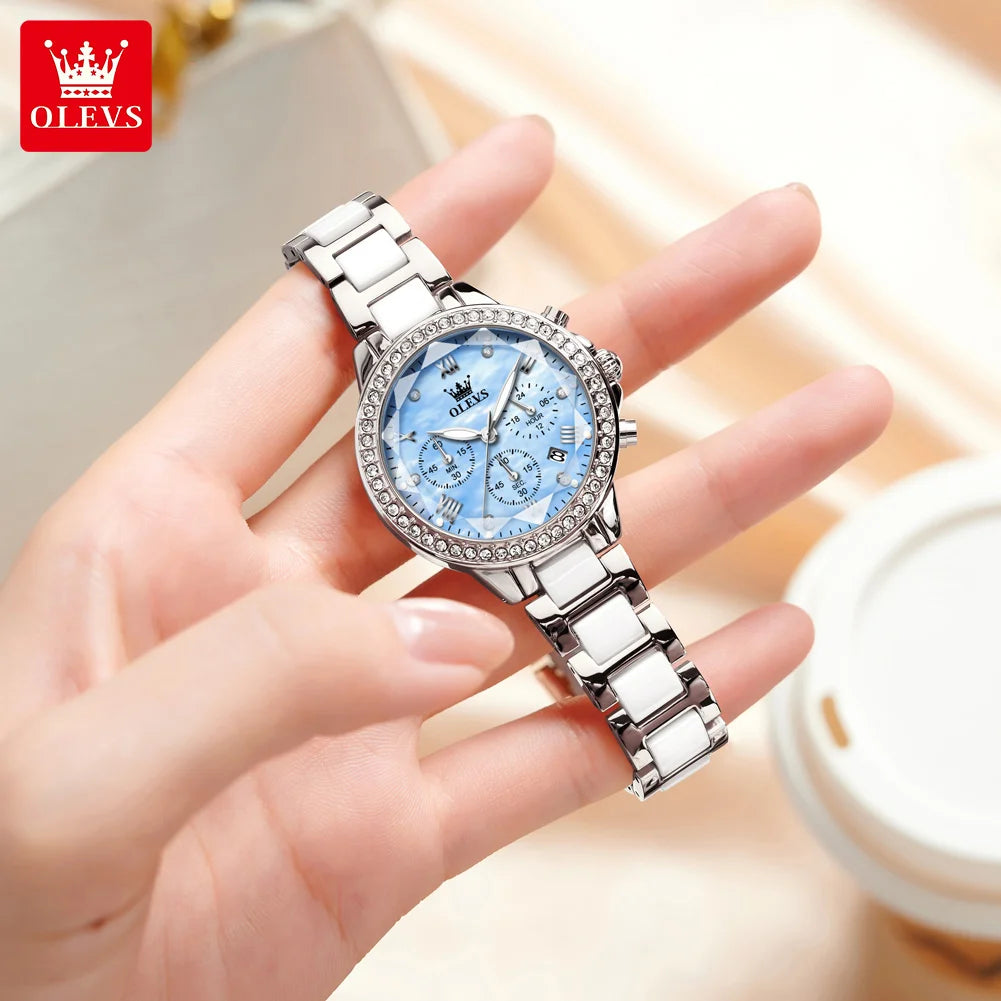 OLEVS 9999 Luxury Diamond Women Watch Fashion Blue Dial Stainless Steel Ceramic Strap Quartz Wristwatch Waterproof Calendar Window Watch