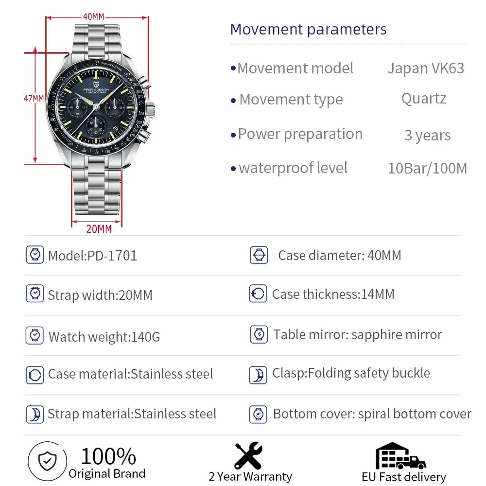 PAGANI DESIGN 2026 New Moon Watch Retro Luxury Quartz Watches For Men Stainless steel Luminous waterproof Sport Chronograph Man