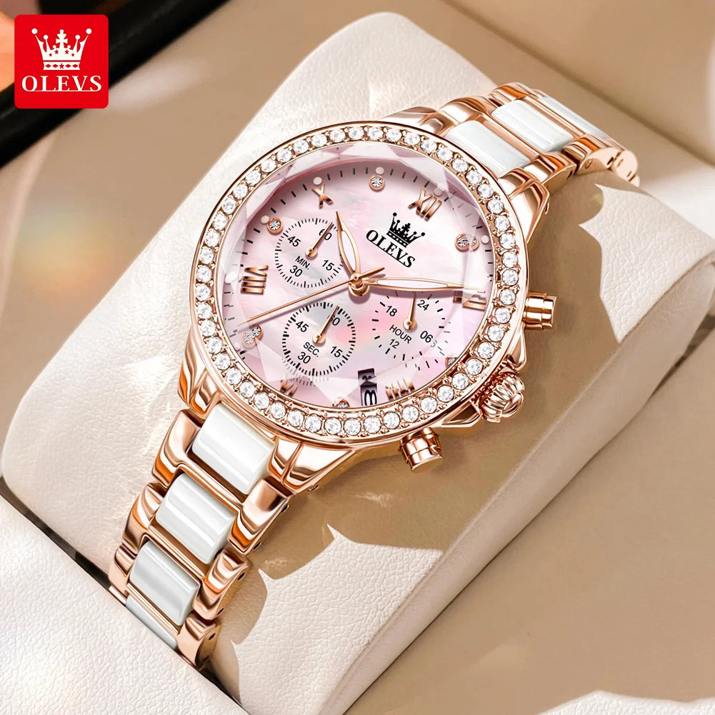 OLEVS 9999 Women Watch Brand Original Elegant Waterproof Chronograph Luxury Ceramic Dress Pink Women Quartz Watch Reloj Mujer mbzr