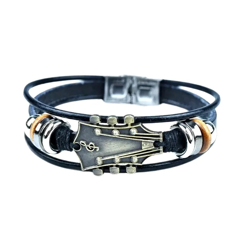 Guitar Headstock Leather Wrap Bracelet for Men Women, Vintage Multi Layer Black PU Leather Wooden Bead Music Note Cuff Wristband, Rock Punk Music Lover Jewelry Gift for Concert Birthday Daily Party