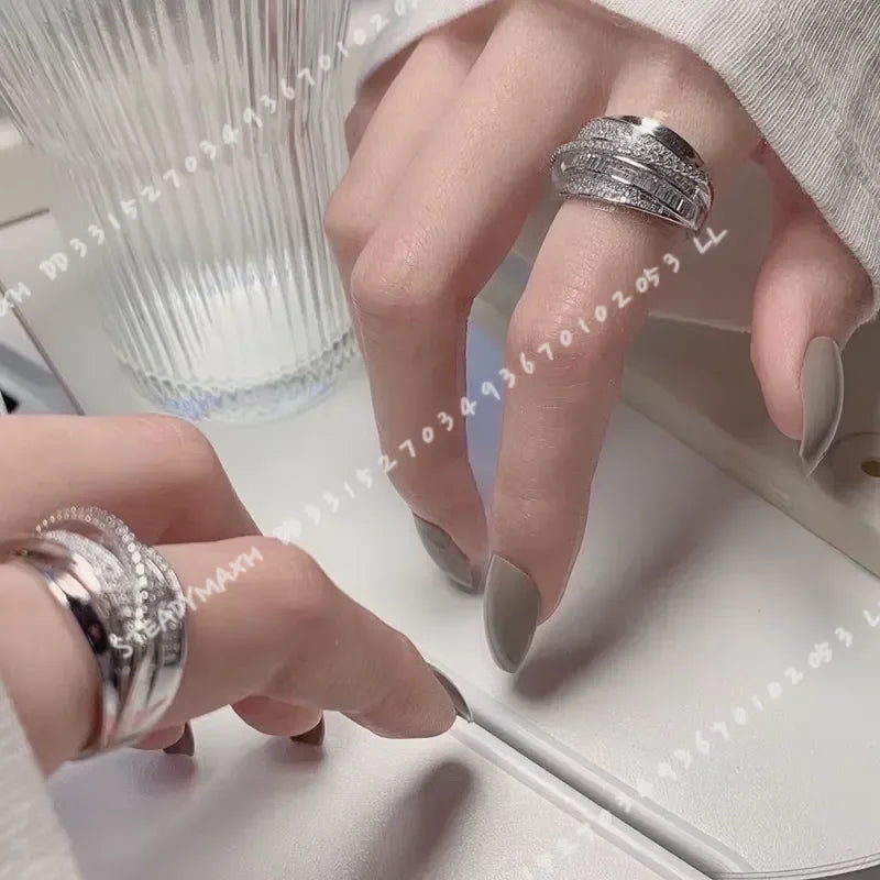 Trendy Luxury Geometric Shiny Zircon Multi-layer Gold Color Stainless Steel Couple Ring for Women Men Jewelry Gift