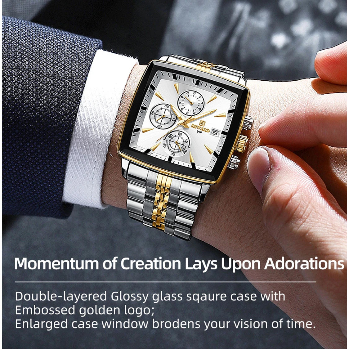 REWARD Original Men's Quartz Watches 30M Waterproof Sport Rectangle Watch for Men