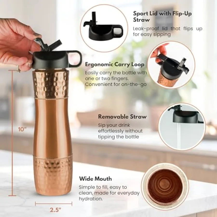 Pure Copper Water Bottle For Drinking Water with Straw and Sports Lid 33.5oz/ 950ml Ayurveda Copper Bottle for Ayurvedic Health mbzr