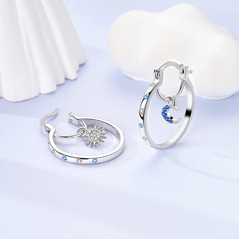 MULA 925 Sterling Silver Sun Moon Hoop Earrings Zircon for Women Girls Trendy Elegant Wedding Party Fashion Earring Jewelry Gift