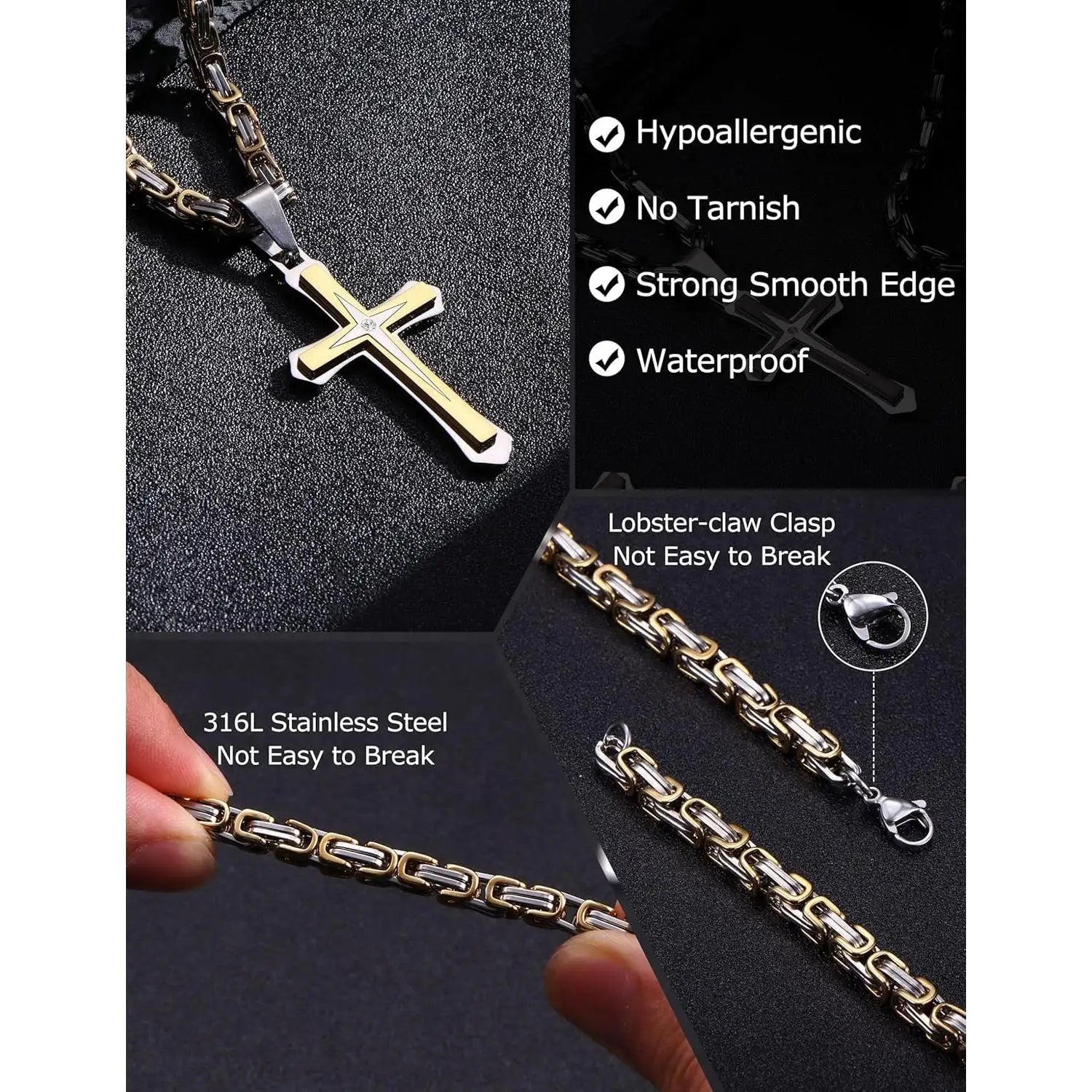 Black 14K Gold Plated Cross Necklace for Men Stainless Steel Byzantine Chain With Cross Pendant Necklace Mens Gifts 22-30Inch