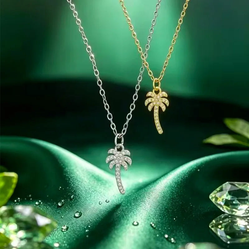 1Pc resort style 18K gold coconut tree inlaid with zircon palm tree necklace pendant, summer atmosphere versatile titanium steel collarbone chain, unisex