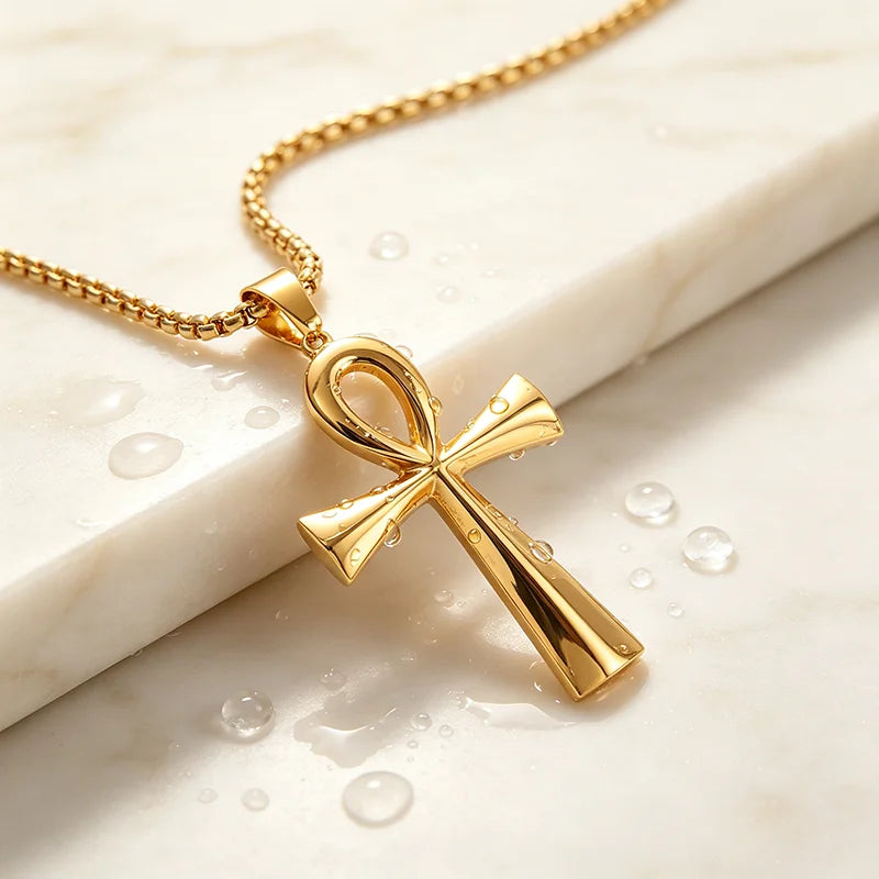 Egyptian Ankh Cross Pendant Necklace for Men Women, Stainless Steel Box Chain Ankh Symbol Necklace, Waterproof Hypoallergenic Non Tarnish Ancient Egypt Life Symbol Jewelry Gift