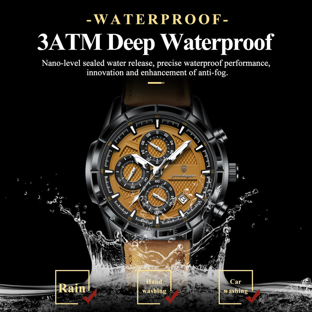 POEDAGAR Fashion Men Wristwatch Luminous Waterproof Leather Quartz Sports Men's Watches Date Chronograph Military Man Clock Gift mbzr
