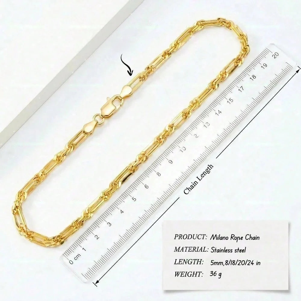 2pcs Men's Miami Cuban Link Chain Necklace and Bracelet Set, 14K Gold Plated Stainless Steel Milano Rope Chain Jewelry, Waterproof Anti-Tarnish Hypoallergenic Shiny Hip Hop Gift for Daily Wear
