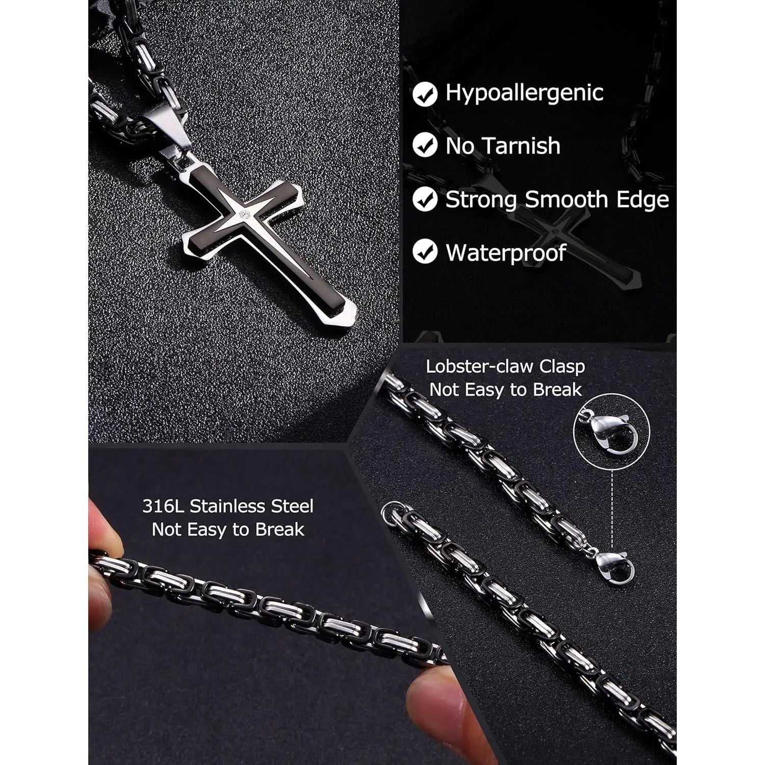 Black 14K Gold Plated Cross Necklace for Men Stainless Steel Byzantine Chain With Cross Pendant Necklace Mens Gifts 22-30Inch