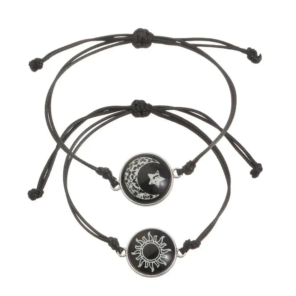 Adjustable Handmade Braided Rope Couple Bracelets Glow In The Dark Sun Moon Glass Bead Wrist Jewelry Casual Fashion Matching Accessories