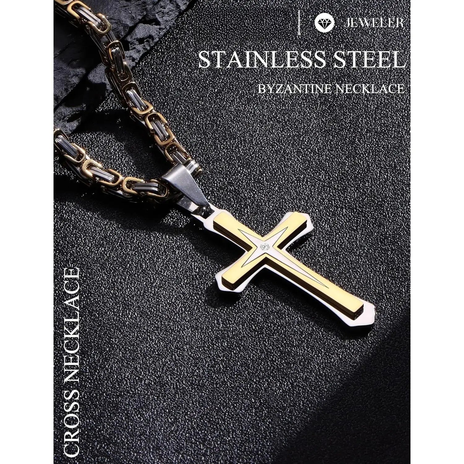 Black 14K Gold Plated Cross Necklace for Men Stainless Steel Byzantine Chain With Cross Pendant Necklace Mens Gifts 22-30Inch