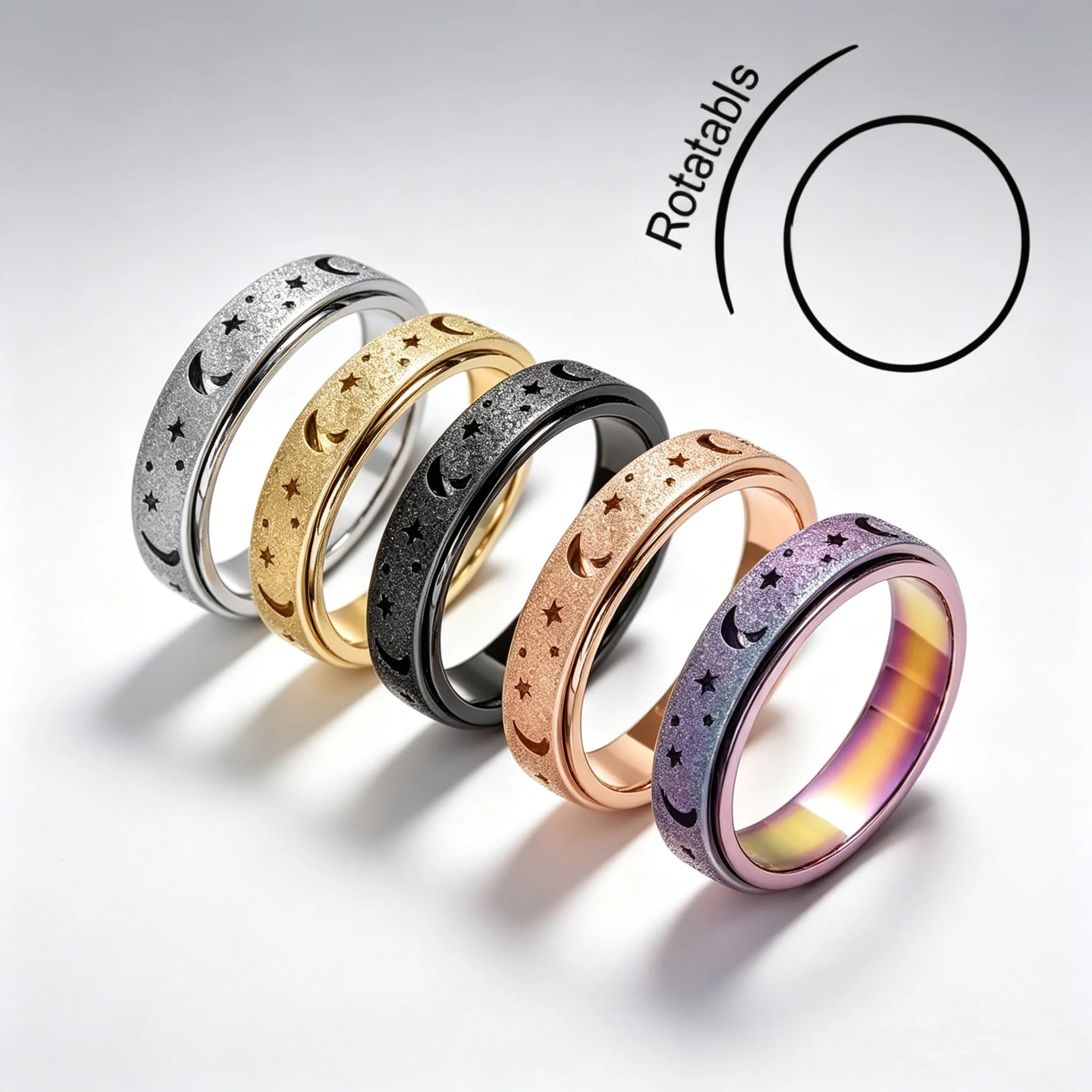 Unique Spinning Ring for Men - Rotating Moon and Star Design with Stainless Steel Ends