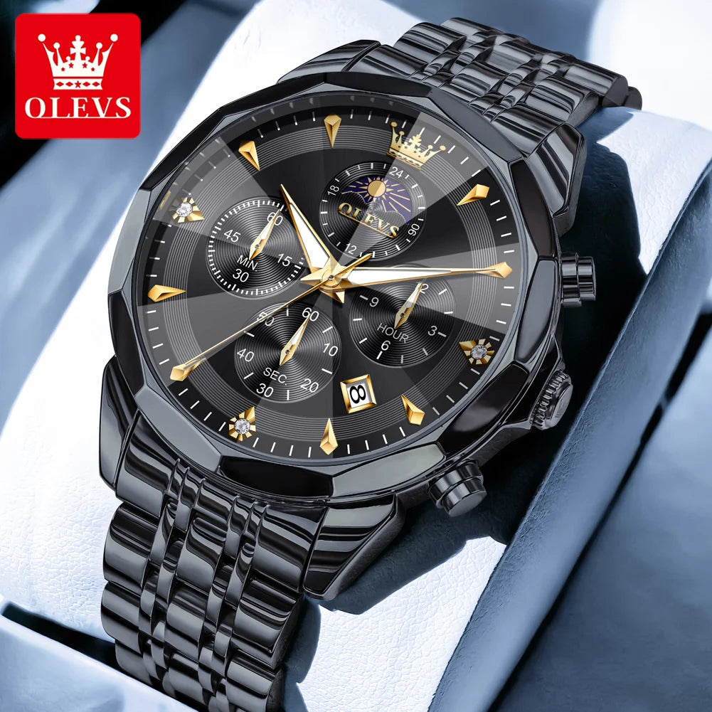 OLEVS 3673 Original Fashion Moon Phase Men's Watches Waterproof Chronograph Quartz Watch Stainless steel Calendar Wristwatch mbzr