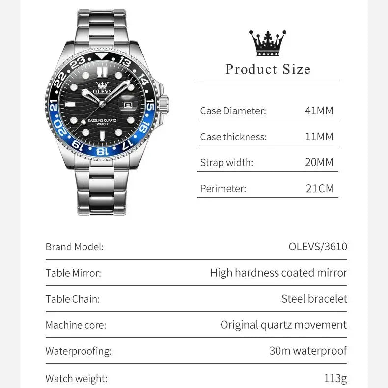 OLEVS 3610 Quartz Watch Fashion Original Diving Series Waterproof Date Rotating Dial Luxury Brand mbzr