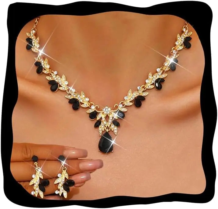 Unicra Rhinestone Bridal Wedding Jewelry Sets Gold Necklace Earrings Set Leaf Prom Formal Costume Jewelry Set for Women and Brides